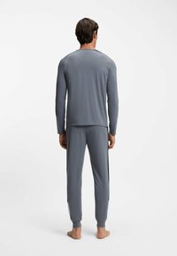 Grauer Langarm-Top und passende Hose, beide aus glattem Material. Die Hose verfügt über kontrastierende schwarze Seitenstreifen und elastische Bündchen.