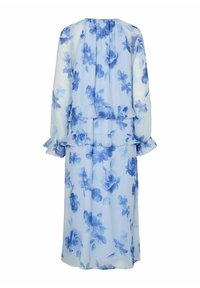 Duga, lepršava haljina od svijetloplave chiffon tkanine s cvjetnim uzorkom u tamnijoj plavoj boji. Ima volančiće na rukavima i slojeve za dodatnu teksturu.