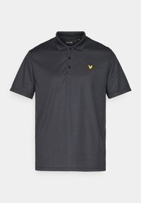 Dark gray polo shirt with a classic collar, three buttons, short sleeves, and a yellow embroidered eagle logo on the left chest.