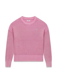 Pink knitted sweater with a round neck, ribbed hem and cuffs, featuring a small triangular logo on the left chest. Textured pattern overall.