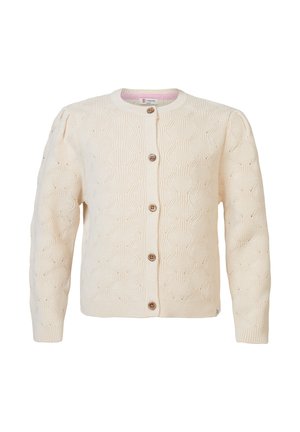 Crème-kleurige gebreide cardigan met een golfpatroon, ronde halslijn en bruine knopen. Geweven stof met geplooide schouderdetails.