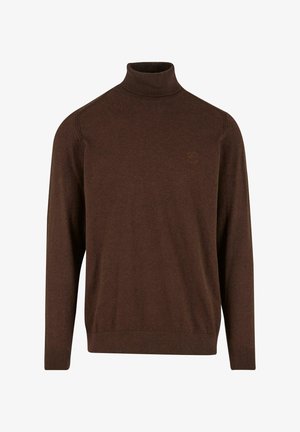 Brun langærmet turtleneck sweater med ribbede manchetter og kant, lavet af blødt strikket stof.