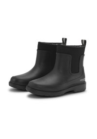 Schwarze Gummistiefel bis Knöchelhöhe mit glatter Oberfläche, elastischen Seiteneinsätzen und einer strukturierten Gummisohle. Mit zwei Griffschlaufen auf der Rückseite.