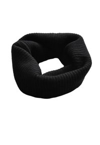 Crni beskonačni šal od rebrastog džempera s mekom teksturom i neprekidnim dizajnom u petlji, prikladan za toplinu i udobnost u hladnijem vremenu.