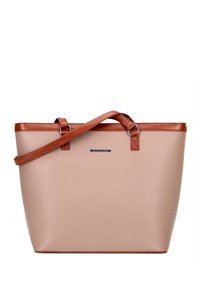 Beige gestructureerde tote bag met een getextureerde afwerking, bruine leren accenten, dubbele handvatten en een zilveren logodetail. Verstelbare schouderband inbegrepen.