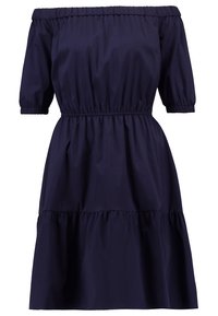 Marineblaues, schulterfreies Kleid aus glattem Stoff, mit kurzen Puffärmeln, elastischem Taillenbund und gestuftem Saum.