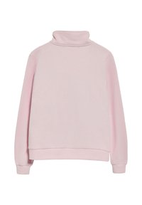 Ljus rosa turtleneck sweatshirt med långa ärmar, tillverkad av mjukt tyg, med en avslappnad passform och ribbade muddars. Slät textur överallt.
