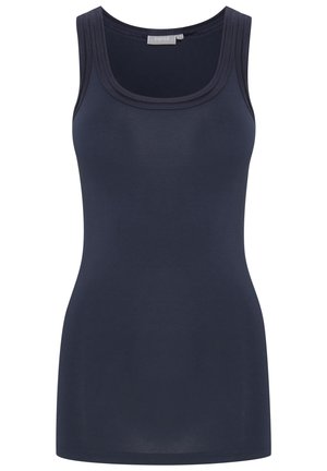 Navy blue tank top made of soft fabric with a scoop neckline, featuring a fitted shape and smooth texture, ideal for layering.