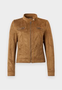 Veste en daim brun avec col, fermeture éclair à l'avant et deux poches poitrine zippées. Texture lisse et design ajusté avec manches longues.
