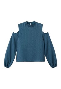 Bluză teal cu design cu umeri decupați, gât înalt și mâneci lungi bufante. Material moale cu textură și un model subtil. Include închidere cu nasturi.