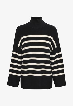 Pletený rolák s černobílými horizontálními pruhy, volný střih a široké rukávy pro pohodlí.