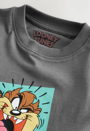 Sivá mikina s okrúhlym výstrihom, ktorá obsahuje farebnú kreslenú grafiku postavy s hnedou srsťou, výraznými zubami a expresívnymi črtami.