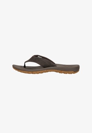 Brun flip-flop sandal med en tekstureret fodseng, perforeret rem og en gummisål med riller for greb.