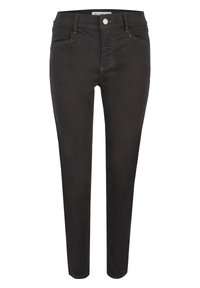 Fekete, slim-fit farmernadrág, szabványos derékkal, elülső zsebekkel és kontrasztos varrási részletekkel.