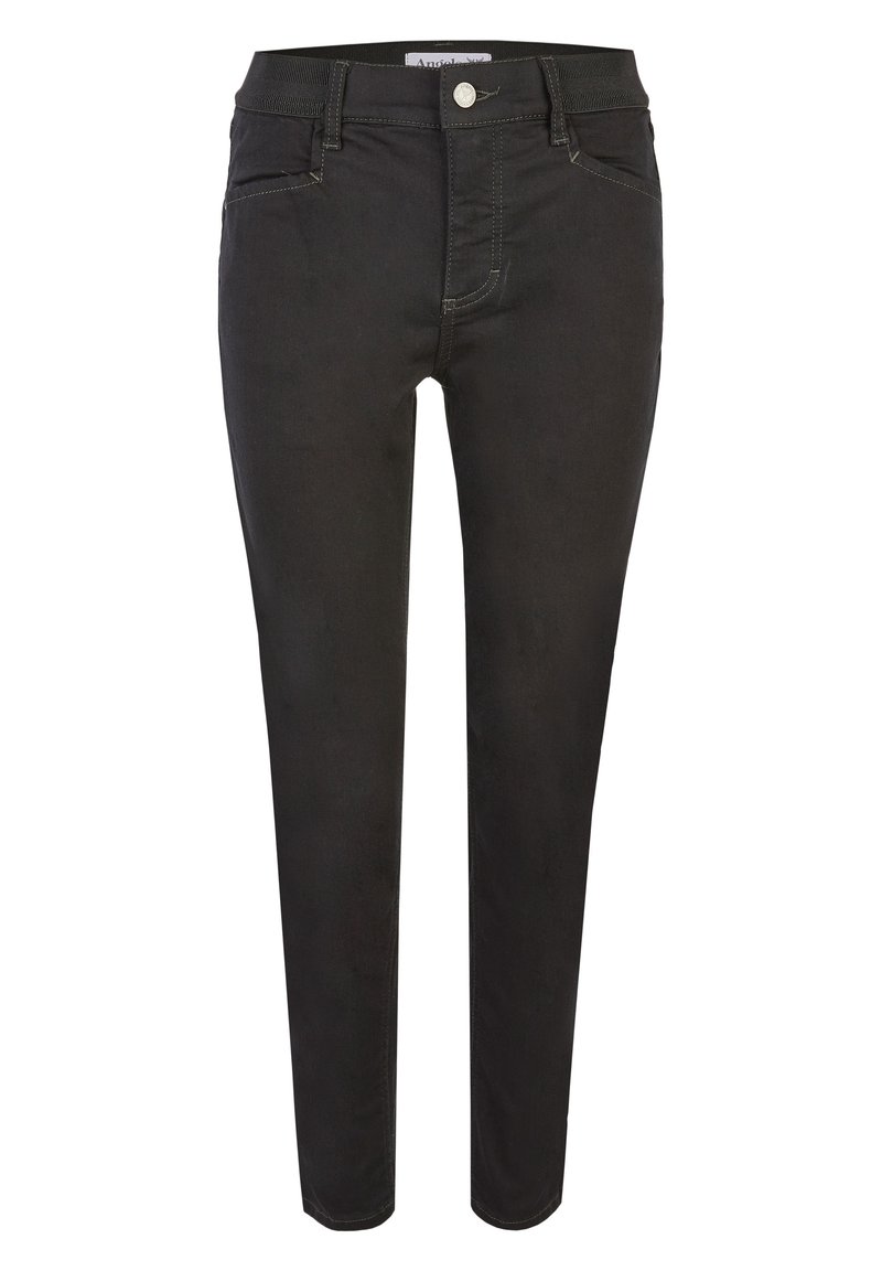 Fekete, slim-fit farmernadrág, szabványos derékkal, elülső zsebekkel és kontrasztos varrási részletekkel.