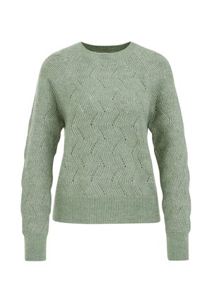 Maglione lavorato a maglia verde chiaro con motivo a onda, collo rotondo e polsini e orlo a costine. Il tessuto ha una finitura testurizzata.