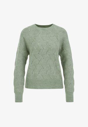 Hele rohelise näputööga kootud kampsun, millel on laineline muster, ümar kaelus ning soonikvarrukad ja -alus. Kanga tekstuur on reljeefne.