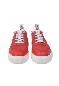 Para czerwonych trampek z białymi sznurowadłami i grubymi białymi podeszwami, ustawionych przodem na jednolitym białym tle.