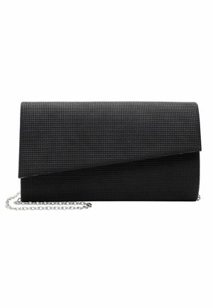 Pochette enveloppe noire texturée avec rabat incliné et bandoulière chaîne argentée, posée sur fond blanc.