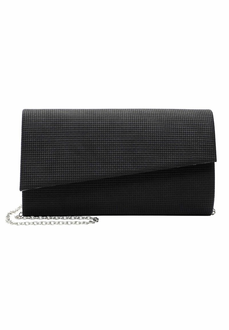 Pochette enveloppe noire texturée avec rabat incliné et bandoulière chaîne argentée, posée sur fond blanc.