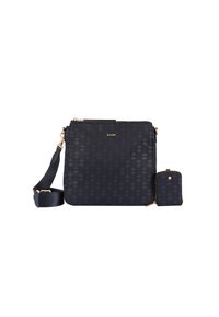 Borsa a tracolla sintetica blu navy con motivo floreale, accessori in tonalità oro, portafoglio rimovibile e tracolla regolabile. Texture liscia.