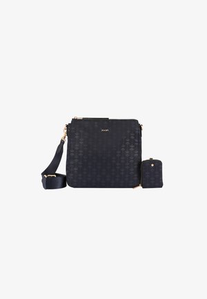 Borsa a tracolla sintetica blu navy con motivo floreale, accessori in tonalità oro, portafoglio rimovibile e tracolla regolabile. Texture liscia.