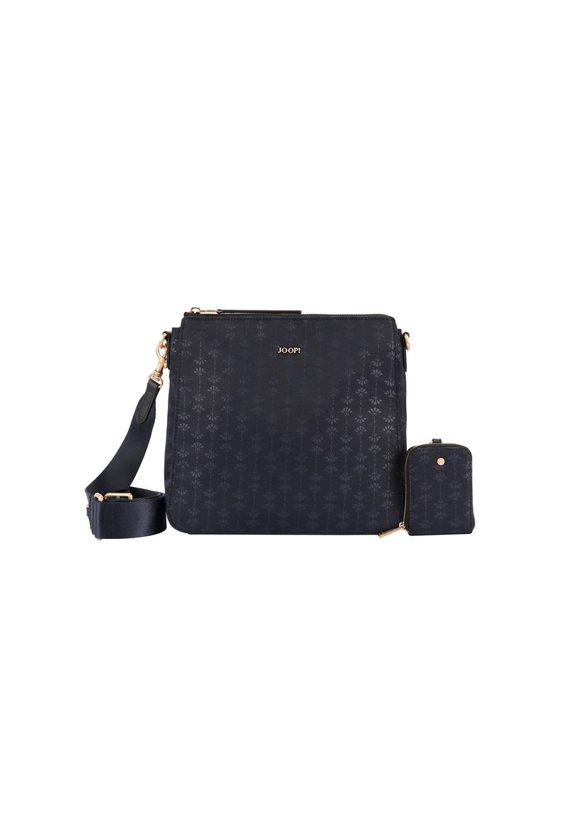 Borsa a tracolla sintetica blu navy con motivo floreale, accessori in tonalità oro, portafoglio rimovibile e tracolla regolabile. Texture liscia.