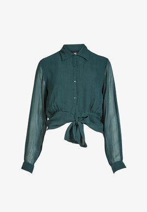 Tirkīzzila blūze ar garām caurspīdīgām piedurknēm, pogas priekšpusē, apkakli un mezgla detaļu pie vidukļa. Mīksts auduma tekstūra.