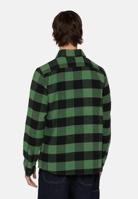 Groen en zwart geruite flanellen shirt met een kraag, knoopmanchetten en een rechte zoom. Zachte textuur en standaard pasvorm.