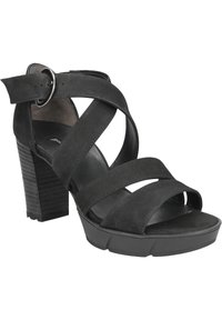 Sandali neri con tacco realizzati in suede, caratterizzati da fasce incrociate, una cinghia alla caviglia con fibbia metallica e un tacco a blocco texturizzato.