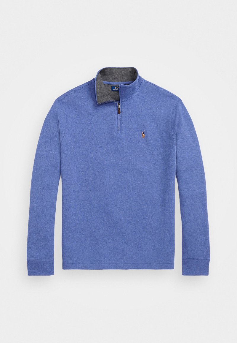 Pull bleu à manches longues avec fermeture éclair au quart et col intérieur gris, avec un petit logo brodé sur la poitrine gauche.