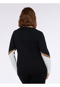 Maglione nero con strisce di accentuazione bianche e marroni sulle maniche, texture a maglia media, colletto rotondo e vestibilità tradizionale. Vista da dietro.