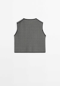 Veste sans manches en tricot à rayures verticales noires et blanches avec un col rond, vue de dos sur fond blanc.