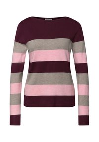 Pullover trui met lange mouwen, met horizontale strepen in donker bordeaux, grijs, lichtroze en zachtroze, gemaakt van een textuurmateriaal.