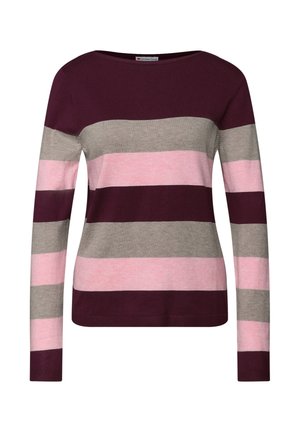 Pullover-Sweatshirt mit langen Ärmeln, gefertigt aus strukturiertem Material und mit horizontalen Streifen in Dunkelburgunder, Grau, Hellrosa und sanftem Rosa.