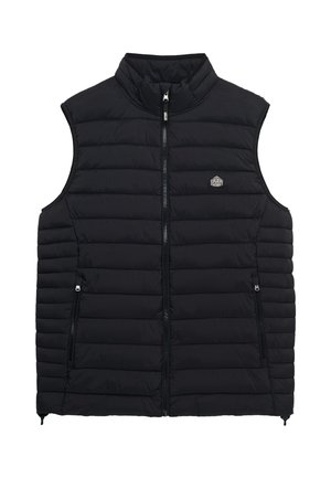 Zwarte gewatteerde mouwloze bodywarmer met opstaande kraag, ritssluiting aan de voorkant, zijzakken met rits en een klein logo op de linkerborst.
