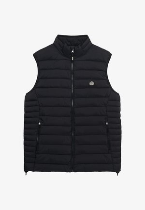Zwarte gewatteerde mouwloze bodywarmer met opstaande kraag, ritssluiting aan de voorkant, zijzakken met rits en een klein logo op de linkerborst.