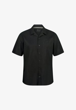Camicia nera in lino a maniche corte con colletto button-down, caratterizzata da un accento logo sobrio e chiusura con bottoni frontali.