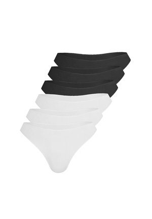 Stapel von sechs Baumwoll-Tangas in Schwarz und Weiß, jeweils drei von jeder Farbe, fächerförmig auf weißem Hintergrund angeordnet.