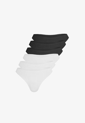 Stapel von sechs Baumwoll-Tangas in Schwarz und Weiß, jeweils drei von jeder Farbe, fächerförmig auf weißem Hintergrund angeordnet.
