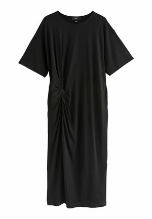 Black knee-length dress made of soft fabric, featuring short sleeves and a twisted knot detail on the side for added texture.
