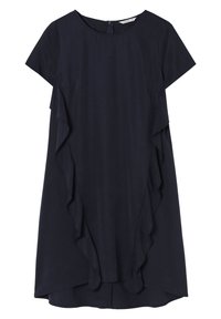 Navyblaues Kleid mit kurzen Ärmeln, mit schichtweise Rüschendetail an beiden Seiten und einem runden Ausschnitt; glattes Material mit einer weichen Oberfläche.