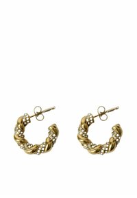 Guldvridna hoopörhängen med inbakade klara rhinestones, designade med en texturerad yta och en klassisk post-back stängning.