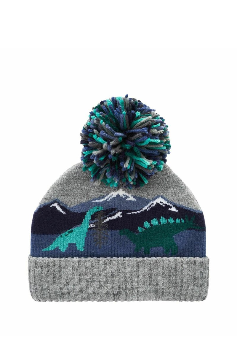 Bonnet tricoté avec une base grise, un pompon coloré et des motifs de dinosaures en vert et bleu. Présente une scène de montagne en bleu foncé et blanc.