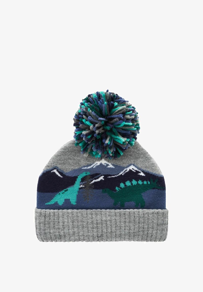 Gebreide muts met een grijze basis, kleurrijke pompon en dinosaurussenpatronen in groen en blauw. Bevat een berglandschap in donkerblauw en wit.
