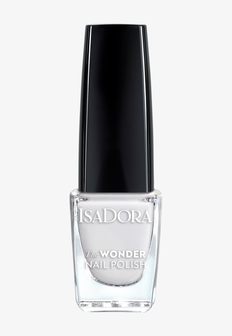 Läpinäkyvä lasinen kynsilakkapullo, jossa musta korkki. Etiketti, jossa lukee valkoisella "Isadora The Wonder Nail Polish". Sileä ja kiiltävä pinta.