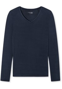Långärmad, marinblå V-ringad topp i mjukt tyg med en slät yta; har en enkel design utan mönster eller dekorationer.