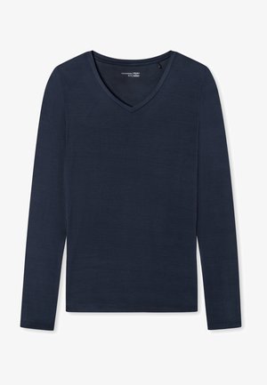 Haut à manches longues, bleu marine, avec un col en V fabriqué en tissu doux au toucher lisse ; présente un design simple sans motifs ni ornements.