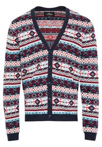 Knitted cardigan in navy, white, red, and light blue. Features a button front, V-neck, and a geometric pattern throughout. Cotton blend material.