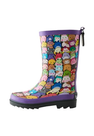 Colorful rain boot with purple trim featuring a pattern of various cute cartoon animal and character faces on a white background.